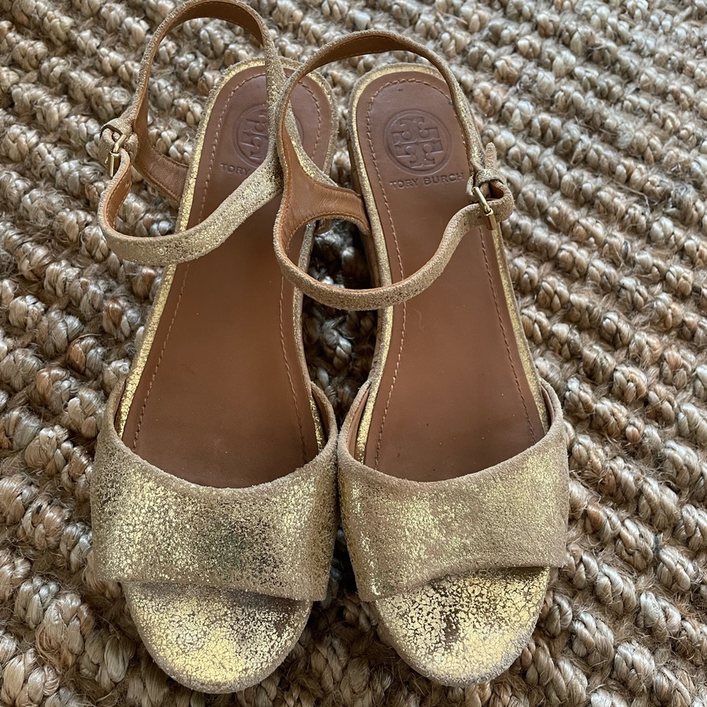 Tory Burch gold wedge sandals
